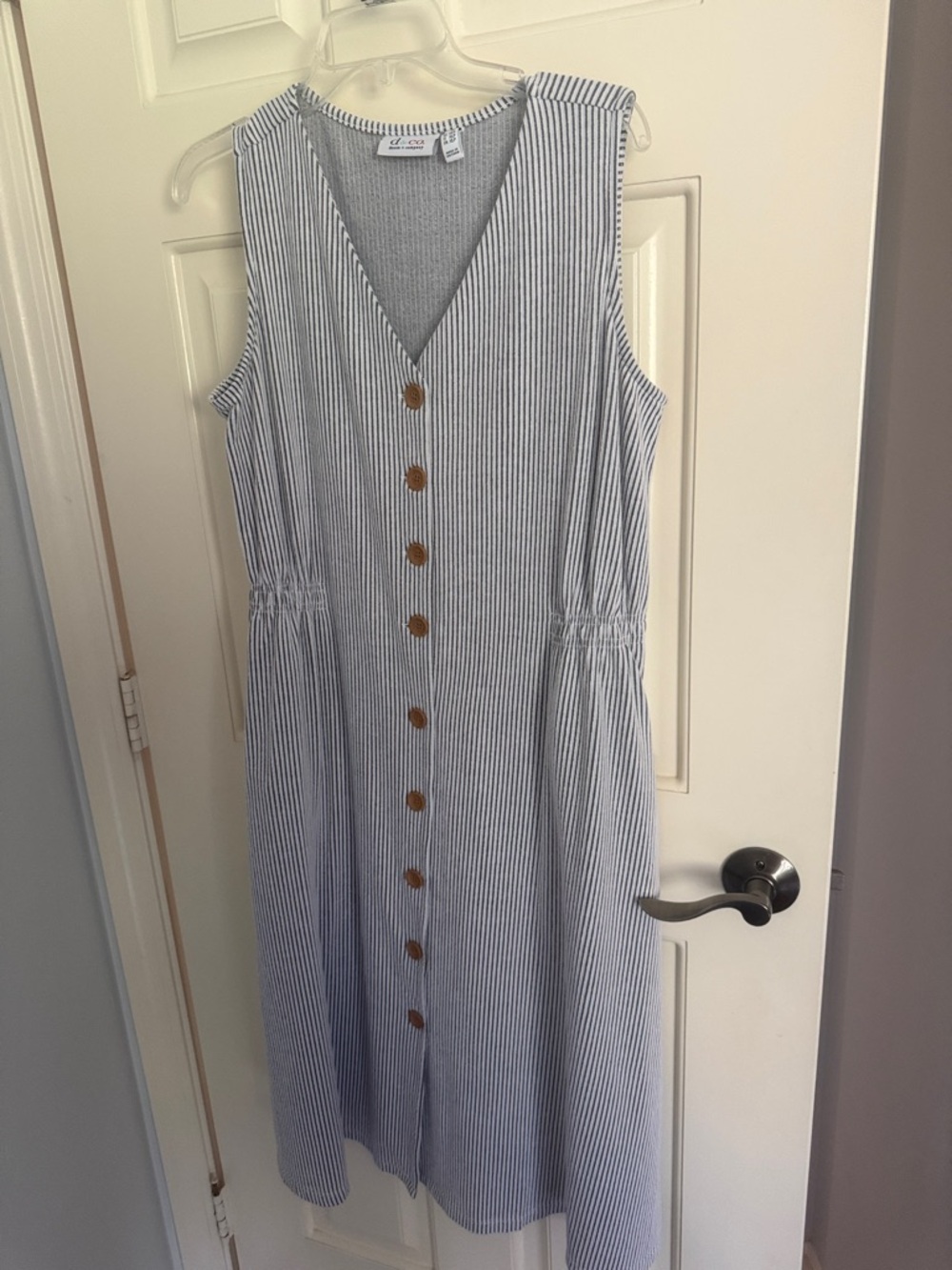 Sleeveless Blue and White Striped Midi Dress with Button Front